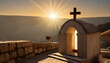 Sunset over the church in Santorini island, Greece.