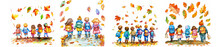 Watercolor Illustration Clipart Of A Group Of Adorable Kids With Colorful Backpacks Walking Together On A Path Lined With Vibrant Autumn Leaves.