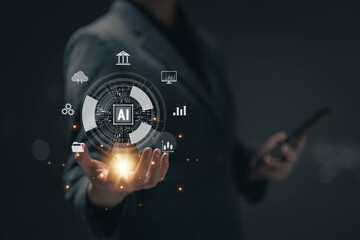 Fototapete - Chat with AI, Artificial Intelligence. Using AI helps in finding information and calculating the possibility of the stock market via the internet. Using AI to find information around the world online.