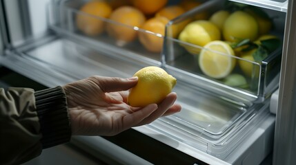 Wall Mural - Hand selecting a fresh lemon from a fridge filled with citrus fruits. kitchen essentials, healthy eating choices. everyday nutrition. AI