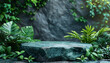 Natural stone podium pedestal made of flat brown stones on green leaves background for product presentation Concrete podium and leaves moving in the wind