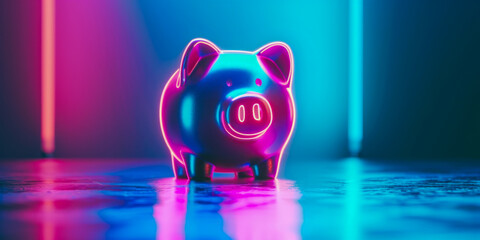 Piggy bank bathed in a neon glow on a blue background, symbolizing savings and finance