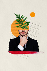 Sticker - Vertical collage picture young businessman think dilemma half head green plant flourish botanical blossom formalwear suit