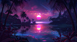 Fototapeta Uliczki - Neon vaporwave sunset with palm trees