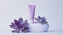 A High Key Product Photography, Light Violet Tube Of Skincare Sitting On Top Of White Stone, Two Purple Succulents, Clean White Background. Generated By Artificial Intelligence.