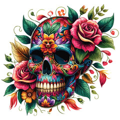 Wall Mural - Fantasy Skull with Flowers and Leaves vector illustration