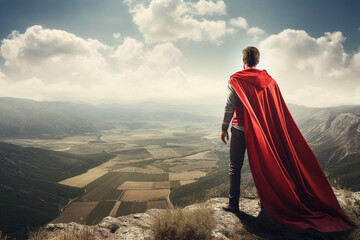 Wall Mural - Businessman superhero with red cape standing and looking on the top of mountain landscape generative ai