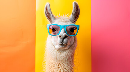 Wall Mural - a llama wearing sunglasses in front of a colorful background