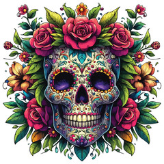 Wall Mural - Fantasy Skull with Flowers and Leaves vector illustration