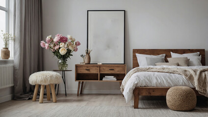Wall Mural - Flowers on wooden stool and pouf in white bedroom interior with empty posters above bed