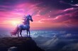 Galactic unicorn standing on a cliff overlooking a cosmic sea starlight reflecting in its eyes