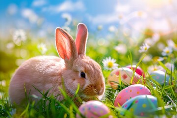 Wall Mural - Images for Easter holiday. Pink cute rabbit in the grass on a flower meadow and colorful painted eggs on a sunny day.