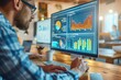 © Old Man Stocker - Professional Analyzing Statistical Data on Monitor. Focused male professional examining colorful statistical data displayed on a computer monitor in a well-lit modern office.