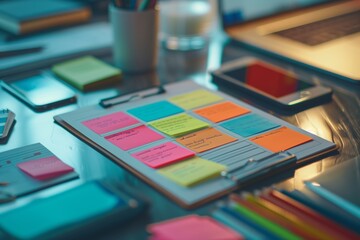 Poster - Organized Project Planning with Colorful Sticky Notes. Creative and organized workspace featuring a laptop and a tablet surrounded by colorful sticky notes for project planning.