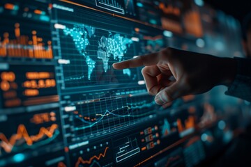 Poster - Finger Pointing at City Reflective Financial Graphs. In the hustle of an urban environment, a hand interacts with futuristic holographic financial charts overlaid on a cityscape.