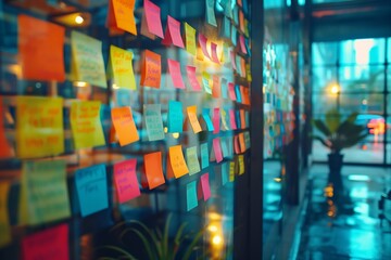 Poster - Colorful Sticky Notes on Glass Window Office. Window covered with colorful sticky notes containing various messages and ideas in a bright office environment.