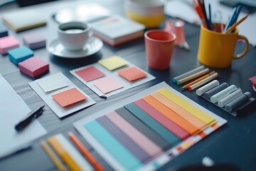 Poster - colorful office supplies and coffee on designer's desk. designer's desk holds colorful office suppli