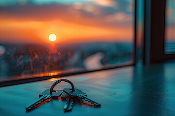 A close up of tree keys on the top. The keys are on a table in front of a window with a beautiful sunset in the background