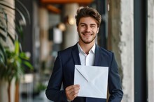 Young Successful Businessman At Workplace, Man Received Mail Envelope Notification Letter, Man Smiling And Looking At Camera, Satisfied With Achievement Results Boss In Business Suit, Generative AI