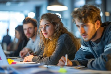 Poster - Focused Young Woman in Collaborative Work Session. Young woman with attentive eyes is focused during a collaborative work session with her team in a well-lit modern office.