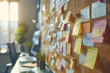Poster - office cork board with organizational notes. focused on a cork board in a sunny office, full of colo