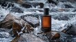 cosmetic photography, dark brown color glass 50ml bottle, black cylindrical plain cap, different angle shots, background of rocks in the river with splash water