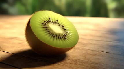 Wall Mural - Kiwi fruit on a wooden table and green bokeh background