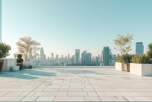 Rooftop Terrace With Clean Lines And Muted Tones, Showcasing A Breathtaking City Skyline Against A Clear Blue Sky. ,minimalist Background