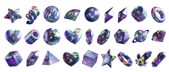 Fototapete - Heart and Gem holographic decoration set pack isolated background 3d rendering