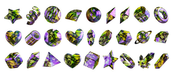 Fototapete - Heart and Gem holographic decoration set pack isolated background 3d rendering