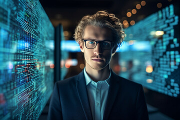 Hard working person in modern interior office programming writing web java script code AI technology generation
