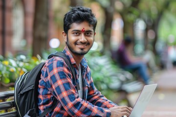 Portrait of a young Hindu student, man studying outside a university campus sitting on a bench, a graduate student using a laptop, typing on a keyboard, smiling and looking at the camera.Generative AI
