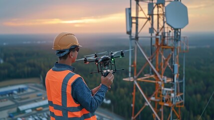 Wall Mural - Telecommunication engineer using drones to inspect 5G tower