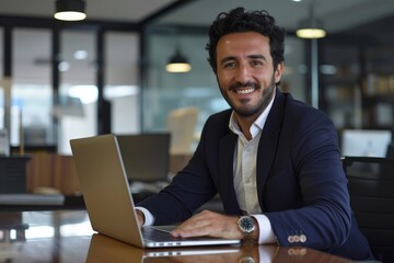 Young successful hispanic businessman inside office, man smiling and looking at camera sitting at desk using laptop, experienced boss in suit, investor successful financier at work, Generative AI