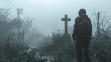 A Man Is Walking Through A Foggy Graveyard With A Cross In The Distance