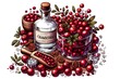 Cranberry drink in a glass bottle and a wooden bowl with cranberries. Vector illustration.