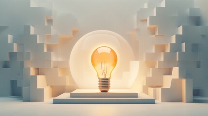 A minimalist 3D concept art featuring a geometric light bulb casting a bright light over a blank canvas with digital sketches beginning to form on the surface