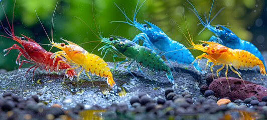various colored small shrimps on the stone, ai generative