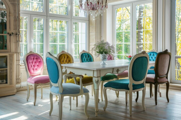 Wall Mural - Rustic, vintage furniture, table and chairs of various bright colors in the dining room with large windows.