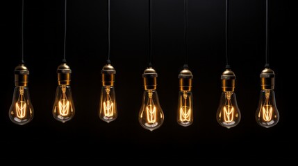 Poster - Burning hanging light bulbs on a black background. Electricity, Artificial Light.