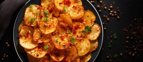 Wall Mural - A close up of a bowl of deepfried potato chips, a popular fried food made from potato skins. A tasty and crispy snack perfect for any cuisine