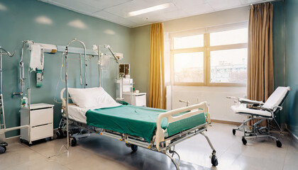 Recovery room with comfortable bed, medical interior, empty hospital room.