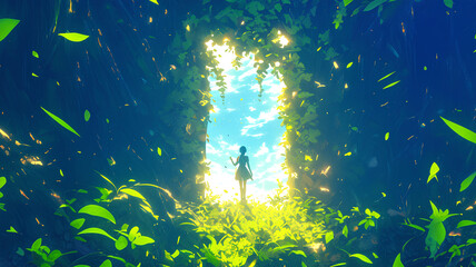 Wall Mural - anime character of glowing portar door. foliage background