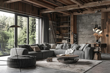 Wall Mural - Rustic interior design of modern living room with grey sofas and wooden beams