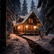 A cozy cabin in a snowy forest. 