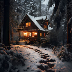 Wall Mural - A cozy cabin in a snowy forest. 