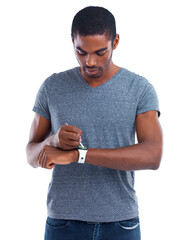 Poster - Touchscreen, black man or pen for smart watch technology or planning schedule isolated on white background, Studio, arm gadget or African person on network for futuristic application or notification