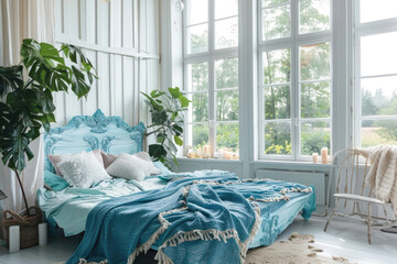 Wall Mural - Colorful vintage rustic bed with pillows in the bright bedroom with large windows 