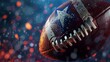 American football ball with stars and stripes on blurred background