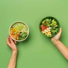 Balanced meal presentation with fresh ingredients, highlighting healthy eating and dietary variety on a green background
